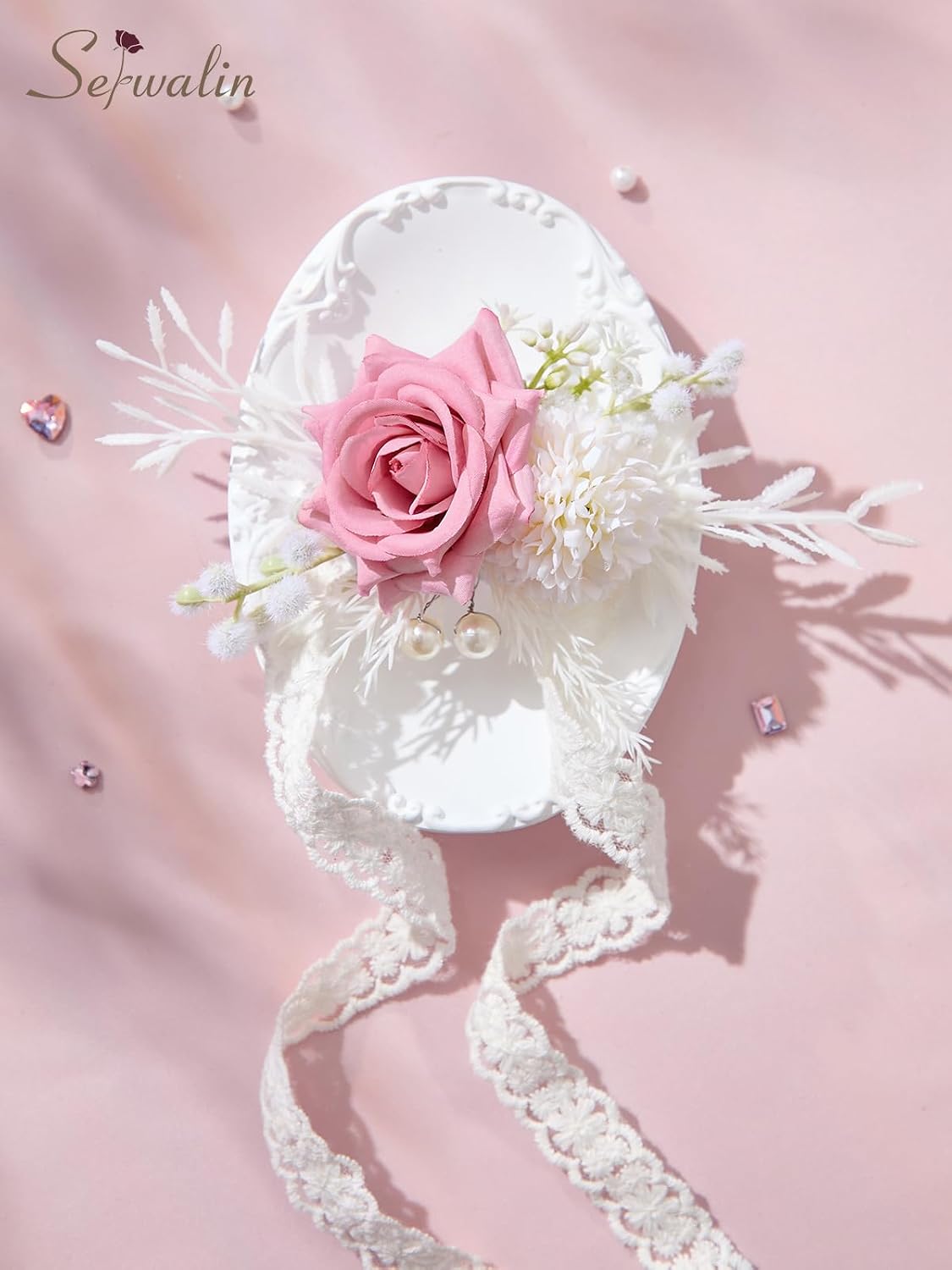Serwalin Pink Corsage and Boutonniere Set, Boutonniere for Men and Wrist Corsage Wristlet Prom Homecoming Wedding Flowers Accessories Party Suit Decorations