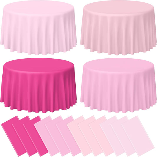 MASHAN 12 Pack Round Plastic Pink Tablecloths Disposable Pastel Pink Table Cloth Round Table Covers for Valentines Day Bridal Engagement Wedding Galentines Party Decorations,84 Inch