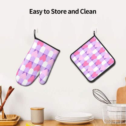 Pink and White Checkered Heart Pattern Oven Mitts and Pot Holders Sets,Heat Resistant Potholder Kitchen Decor for Cooking Baking BBQ, Oven Glove Set