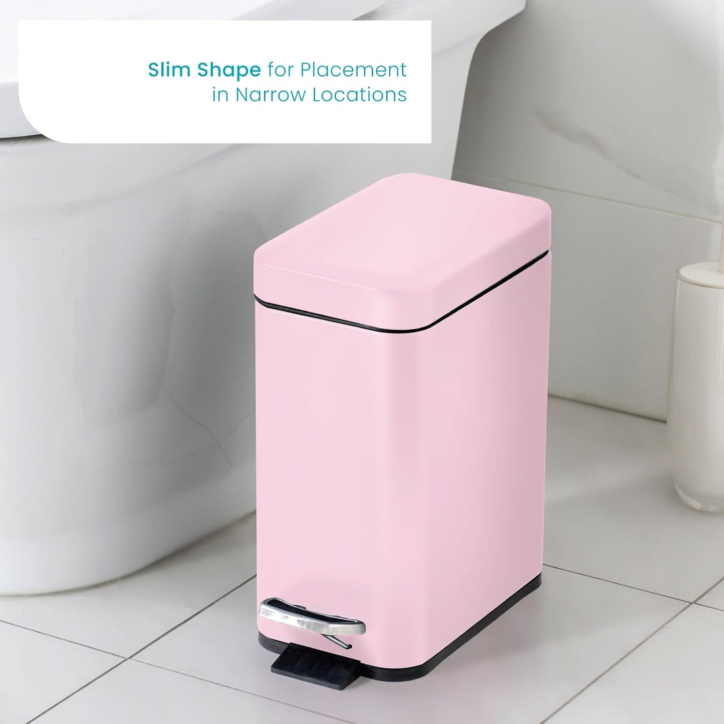 Home Zone Living 1.3 Gallon Small Bathroom Trash Can with Lid and Step Pedal, Stainless Steel Wastebasket with Slim Design for Home and Office, Matte Pink, 5 Liters