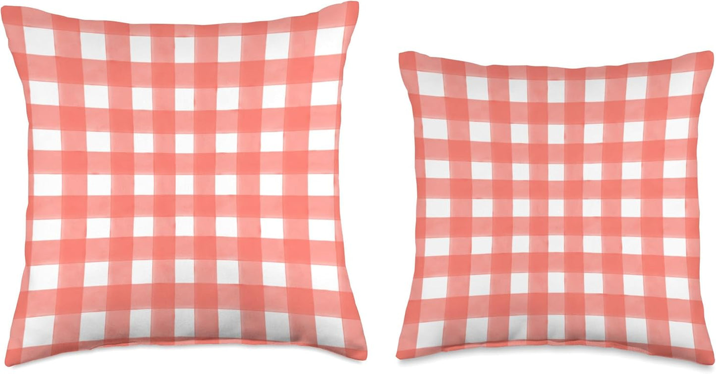 Peach Red Gingham Check Throw Pillow