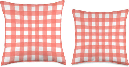 Peach Red Gingham Check Throw Pillow