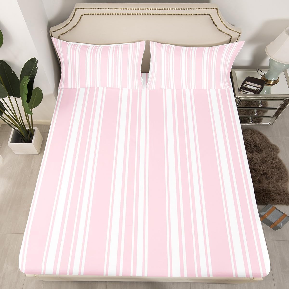 Pink Stripe Girls Fitted Sheet Twin Size,Modern Striped Woman Bedding Set,Minimalist and Neutral Style Bed Sheets 2 Pieces (No Flat Sheet),Farmhouse Fashion Deep Pocket Sheet,1 Pillowcase