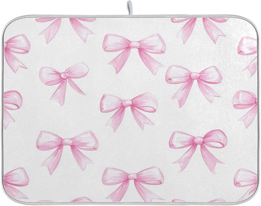 Pink Bows White Dish Drying Mat for Kitchen Counter 18 x 24 inch Rack Mat Microfiber Dry Dishes Mats Drainer Mat Dish Drying Pad Tableware Countertops Mat Decor
