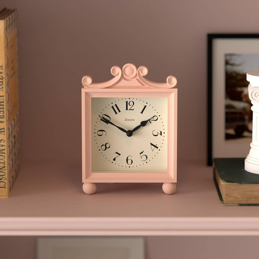 JONES CLOCKS® Parlour Mantel Clock | Small Classic Carriage Clock | Rose Pink | Elegant Square Decorative case, Perfect for Mantel, Shelf, Table or Bedside
