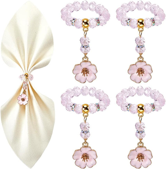 SUNNYCLUE 8 Sets Flower Napkin Rings Napkin Holder Rings Napkin Holder Buckle Valentines Day Romantic Pink Glass Beads Love Beaded Napkin Ring for Christmas Wedding Dinner Table Banquet Party Decor