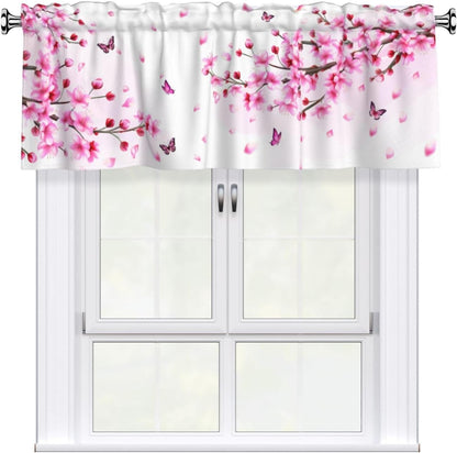 Floral Valances for Windows - Pink Cafe Curtains Cherry Blossom Short Curtains for Living Room Bathroom Bedroom Basement