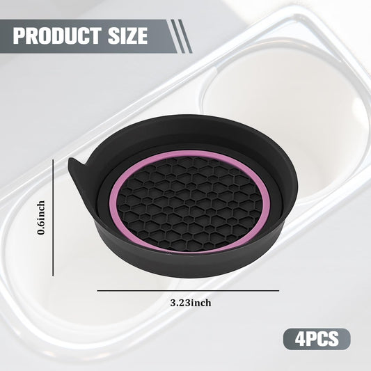 4PCS Car Cup Holder Coasters, Silicone Anti-Slip Vehicle Cup Recessed Mats, Sift-Proof Automotive Interior Insulation Drink Cup Pad Accessories, Universal Fit (Pink/Black)