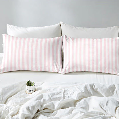 Feelyou White Pink Striped Bed Sheets Set Full Size Striped Deep Pocket Fitted Sheet Geometric Bedding Sets Basic Simple Soft Bed Set 4Pcs with 2 Pillow Cases
