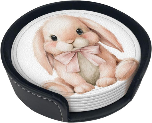 Watercolor Animal Light Pink Bunny Wearing Bow Premium Leather Coasters, Set of 6 with Holder, Stylish Beverage Coasters for Kitchen Coffee Bar