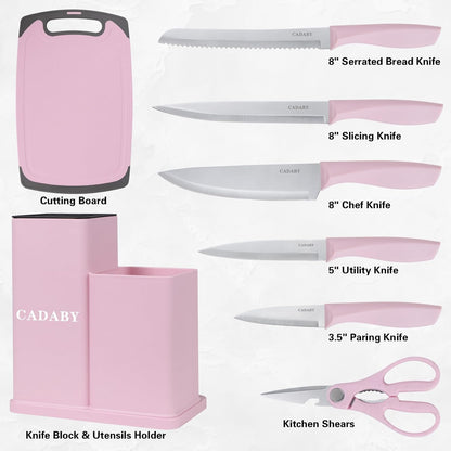 19 PCS Kitchen Cooking Utensils Set, 11 Pieces Silicone Cooking Utensils Set 6 Pieces Sharp Stainless Steel Pink Knife Set with 1 Piece Cutting Board, Ideal for Apartment