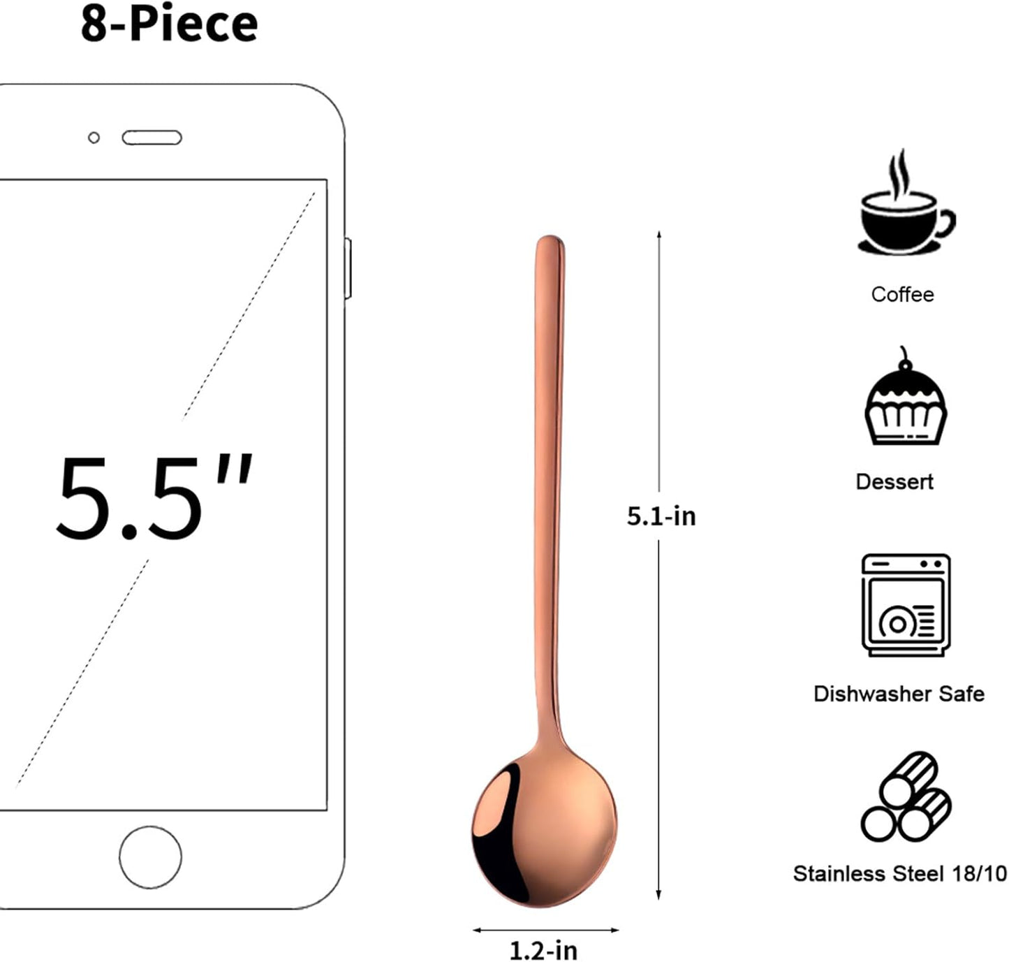 Cute Small Coffee Spoons Set of 8, 18/10 Stainless Steel Rose Gold Demitasse Spoons for Tea, Dessert, Appetizer, 5.1-inch