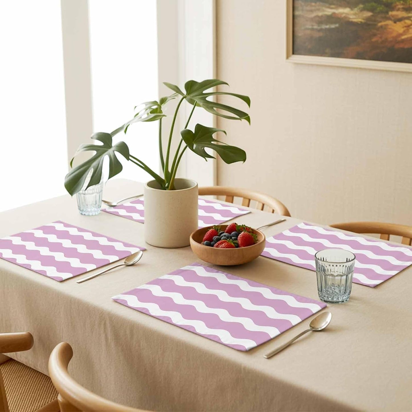 Pink and White Stripes Placemat Set of 6 Non-Slip Placemats for Dining Table Sea Wave Washable Table Mats, Heat Resistant Kitchen Table Mats for Party, Dining Room & Home Decor