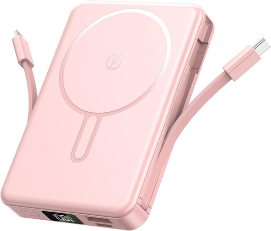 Magnetic Portable Charger, Power Bank Fast Charging 22.5W 10000mAh, Portable Charger with Built in Cable, for Magsafe Battery Pack Compatible with iPhone 17/16/15/14/13/12 Pro/Pro Max, Samsung Pink