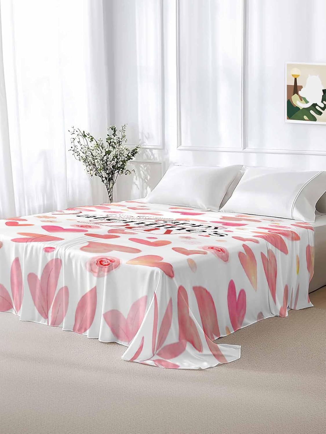 Valentine's Day Full Size Sheets - Hotel Quality Full Flat Sheet Only 1 Pack, Peach Pink Love Floral Modern Romantic Soft Bed Sheet Brushed Microfiber Bedding Top Sheets for Home Dorm