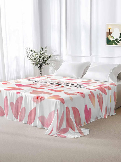 Valentine's Day Full Size Sheets - Hotel Quality Full Flat Sheet Only 1 Pack, Peach Pink Love Floral Modern Romantic Soft Bed Sheet Brushed Microfiber Bedding Top Sheets for Home Dorm
