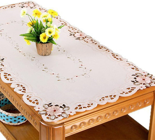 33 Inch X 57 Inch Vintage Embroidered Beige Pink Flower Classic Lace Oblong Tablecloth, Elegant Cabinet Dining Room Home Decoration Rectangle Table Cloth