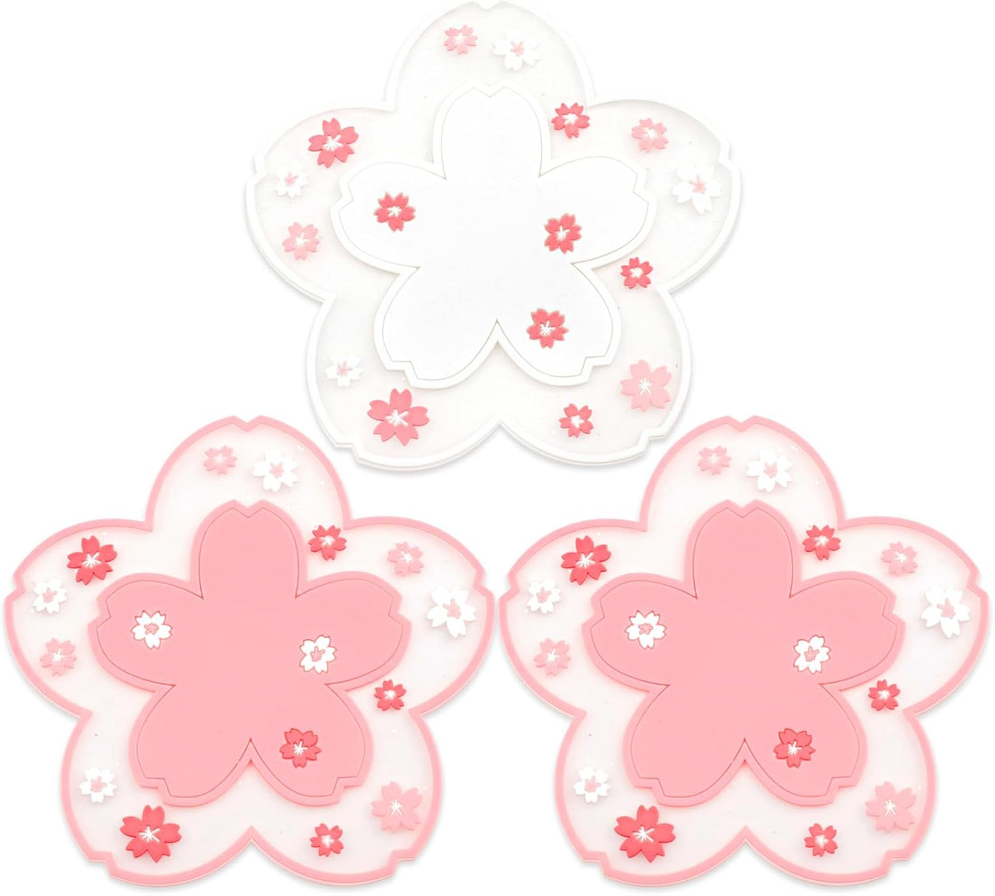 2-Pack Sakura Cherry Blossom Coasters – Cute Kawaii Pink & White Flower Cup Mats, Anti-Skid PVC Drink Coasters for Desk, Table, Tea Mug – Aesthetic Home & Office Decor