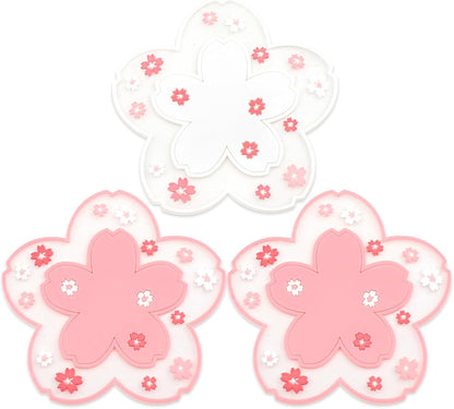 2-Pack Sakura Cherry Blossom Coasters – Cute Kawaii Pink & White Flower Cup Mats, Anti-Skid PVC Drink Coasters for Desk, Table, Tea Mug – Aesthetic Home & Office Decor