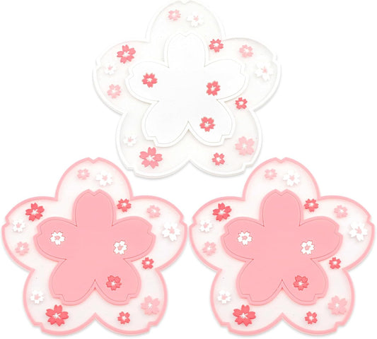 2-Pack Sakura Cherry Blossom Coasters – Cute Kawaii Pink & White Flower Cup Mats, Anti-Skid PVC Drink Coasters for Desk, Table, Tea Mug – Aesthetic Home & Office Decor