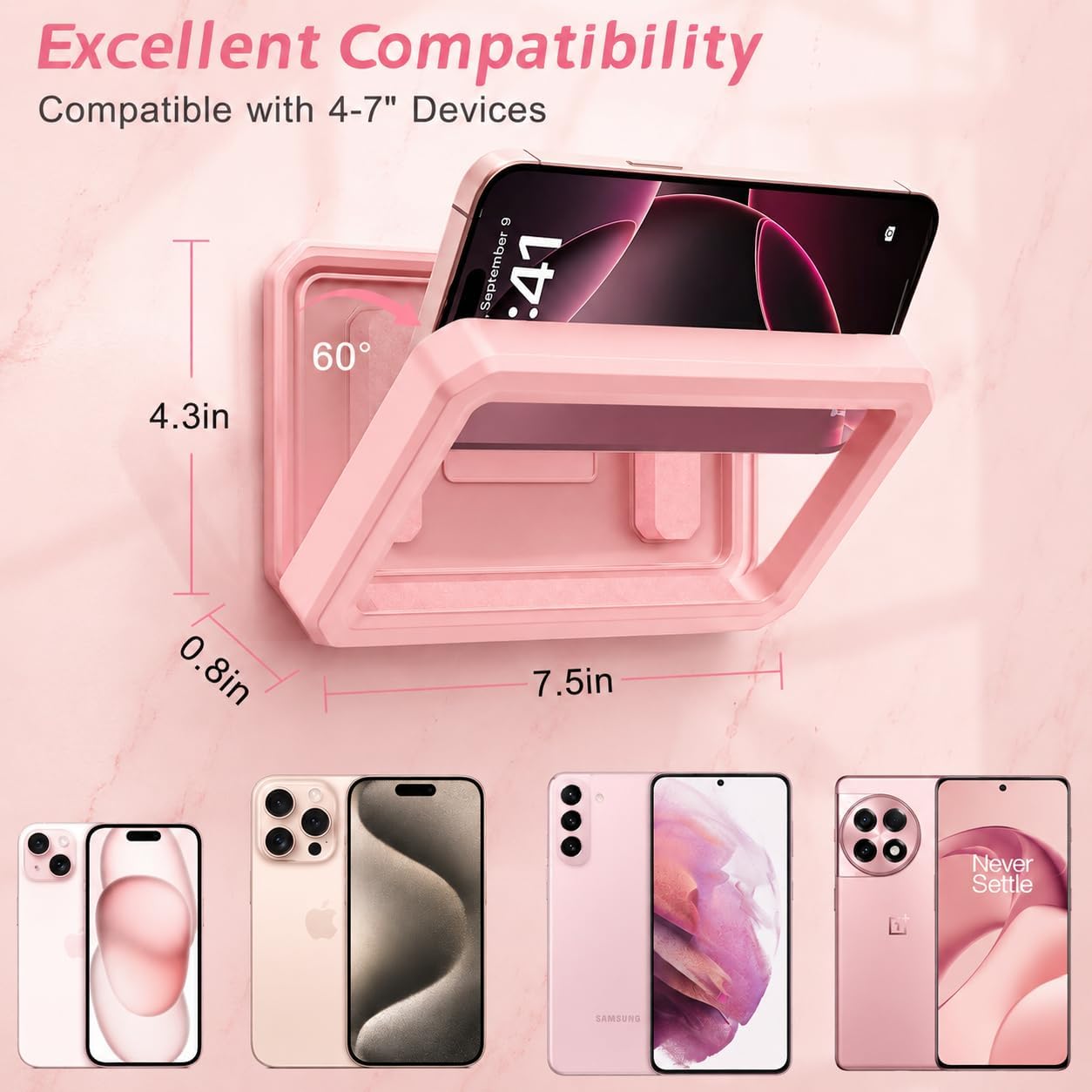 Shower Phone Holder Waterproof Pink,480° Rotatable, Multi-Angle Adjustable Wall Mounted Phone Holder for Bathroom Bathtub Kitchen Mirror, Compatible with All 4-7" Smartphones
