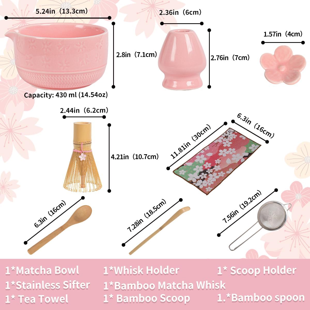 8-Piece Matcha Tea Set with Ceramic Bowls (Flower Pattern), Bamboo Whisk, Scoop, Spoon & Pink Sakura Gift Box – Traditional Japanese Matcha Whisking Kit for Tea Lovers (pink)