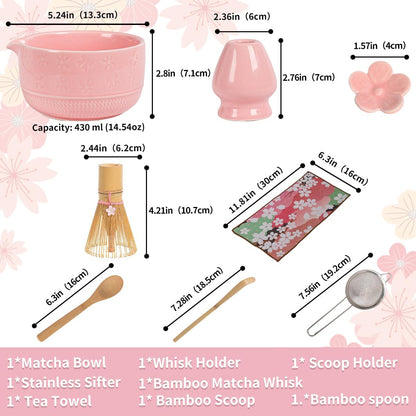 8-Piece Matcha Tea Set with Ceramic Bowls (Flower Pattern), Bamboo Whisk, Scoop, Spoon & Pink Sakura Gift Box – Traditional Japanese Matcha Whisking Kit for Tea Lovers (pink)