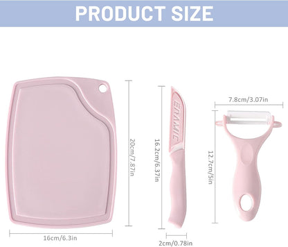 Ceramic Knife Set, 3 Pieces Kid Friendly Kitchen Vegetable Fruit Knives Baby Food Preparation Knives with Cutting Board and Peeler (Pink)