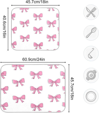Cute Light Pink Bows Dish Drying Mat Absorbent Dishes Drainer Rack Mats Microfiber Reversible Dish Drying Pad Fast Dry Kitchen Accessories 16x18in For Kitchen Counter