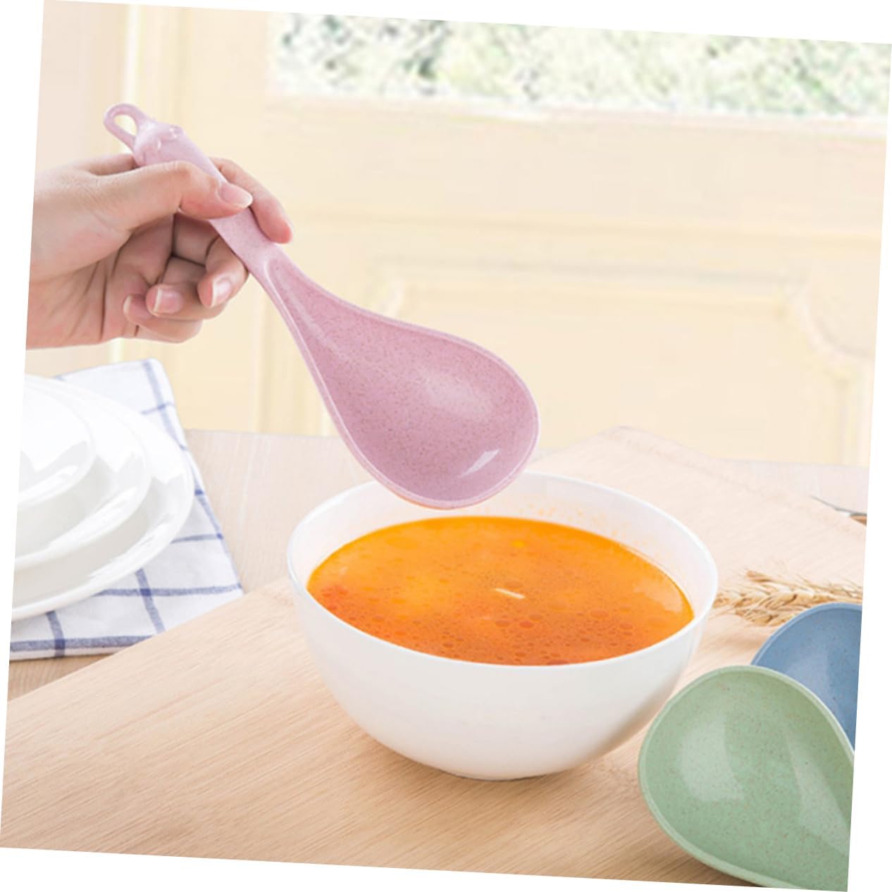 LABRIMP 4pcs Long Handle Soup Spoons Lightweight Kitchen Utensils for Hot Pot Porridge and Cereal Easy to Clean and Ergonomic Design Blue Green Beige Pink