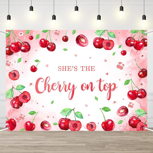 AIBIIN Pink Cherry Theme Baby Shower Backdrop She's The Cherry on Top Photography Background Coquette Girl Birthday Party Decorations Fruit Themed Bridal Shower Party Supplies 7x5ft