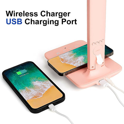 Multifunctional LED Desk Lamp with Wireless Charger,USB Charging Port,Clock,Phone Holder,Desk Lamps for Home Office,Eye-Caring Reading Lamp,Study Lamp for Boys,Girls,Teens,Pink