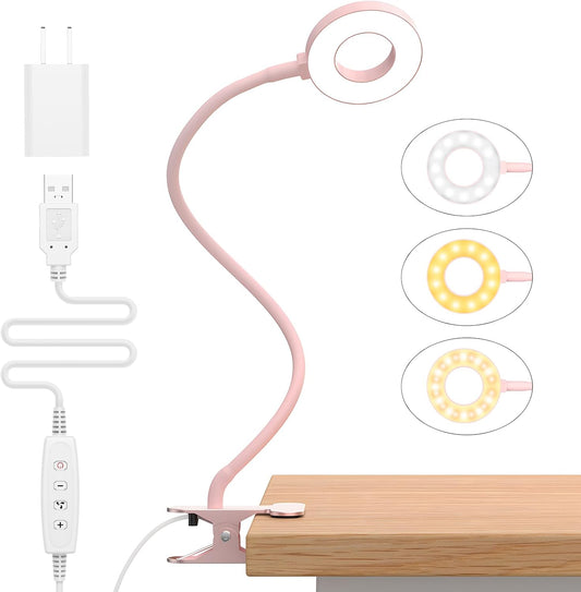 iZELL Desk Lamp, [3 Color Modes & 10 Brightness] LED Reading Light with Clamp, Silicone Flexible Arm Book Light for Kids Reading Book in Bed at Night Clip on Table, Headboard, Dorm - 15.8‘’ Pink