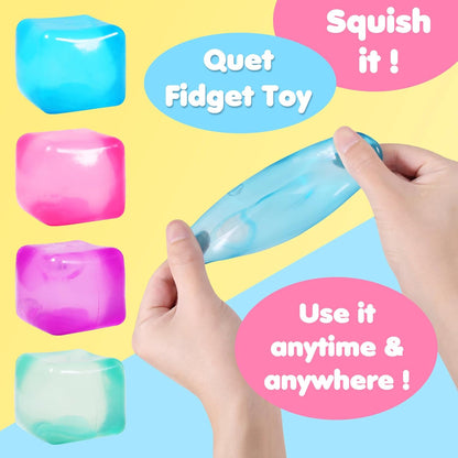 4pack Stress Cube Squishy Stress Balls for Adults Kids Fidget Toy for Your Best Mellow and Chill -Ice Cubes-Square Shape with Filling in Pink Blue Purple Green -Age 3 to Adult(4pcs Cube)