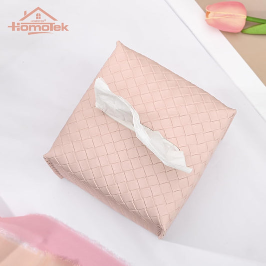 HOMOTEK 1 Pack Tissue Box Cover, Square PU Leather Tissue Holder, Decorative Facial Tissue Cube Paper Organizer Dispenser for Bathroom, Night Stands, Desk, Car 5X5X5'' - Woven Waffle,Macaron Pink