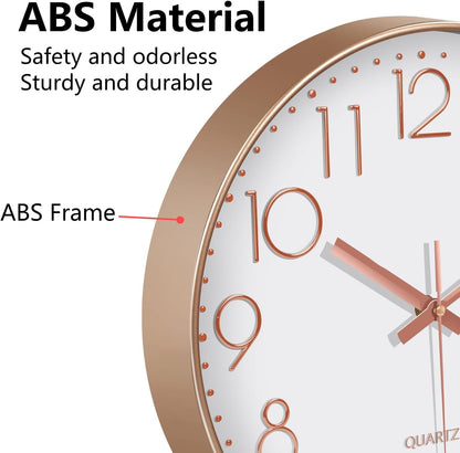 Silent Wall Clocks Battery Operated 8 Inch, Analog Wall Clock with Oversized Number Tempered Glass Clock Face, Rose Gold Quartz Non Ticking Wall Clocks for Living Room Bedroom Kitchen Office