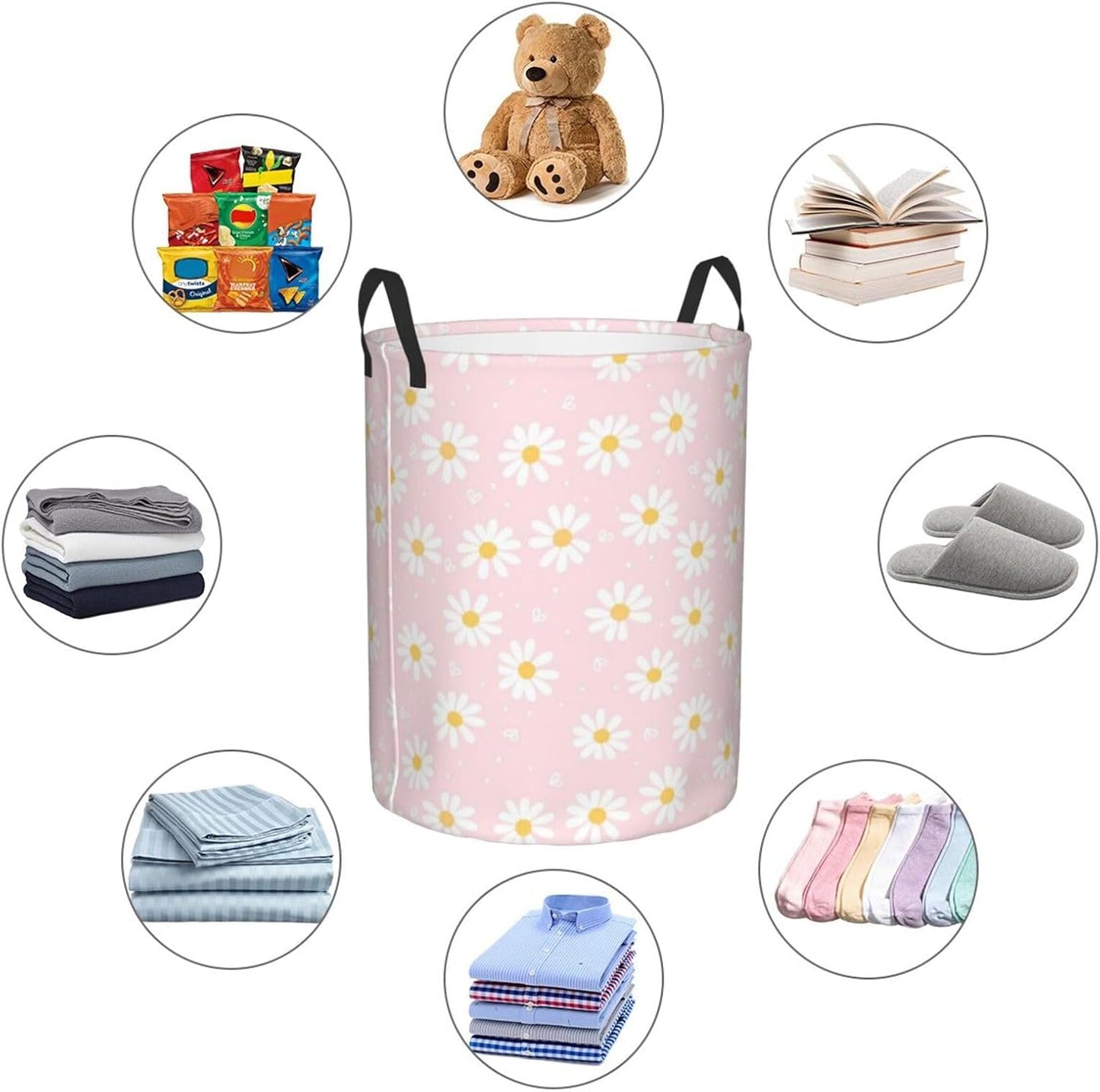Pink Daisy Flower Large Laundry Basket,Collapsible Laundry Hamper With Handle Floral Room Decor,Round Waterproof Dirty Clothes Hamper Toy Organizer Storage Basket Gift for Home Bedroom Bathroom Decor