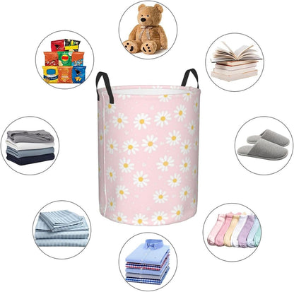 Pink Daisy Flower Large Laundry Basket,Collapsible Laundry Hamper With Handle Floral Room Decor,Round Waterproof Dirty Clothes Hamper Toy Organizer Storage Basket Gift for Home Bedroom Bathroom Decor