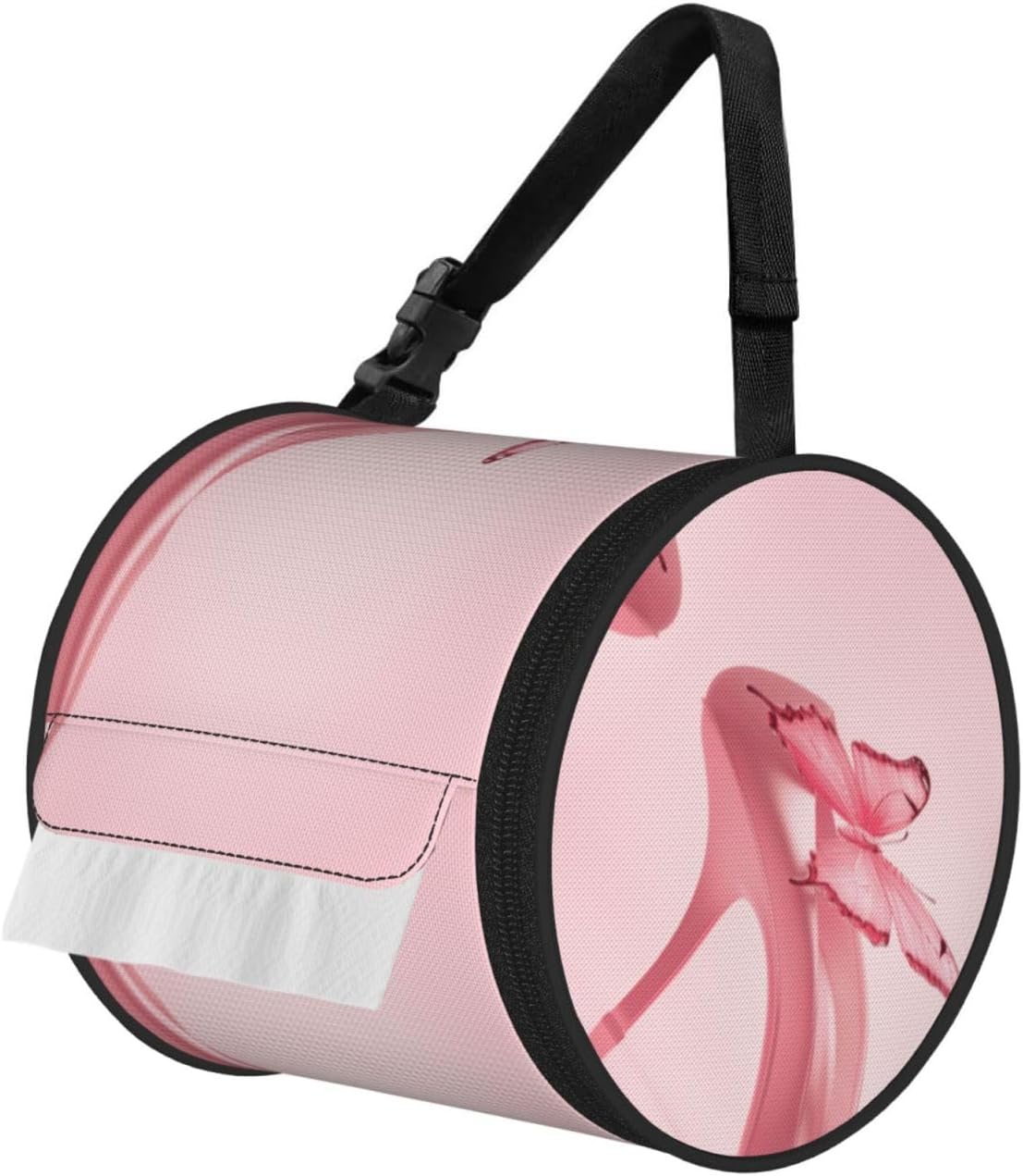 Oxford Cylinder Tissue Holder, Round Tissue Container Pink High Heels Shoes Butterfly - 6.3''X6.3'' Portable Toilet Paper Roll Cover Tissue Box for Home Car Camping Office Travel