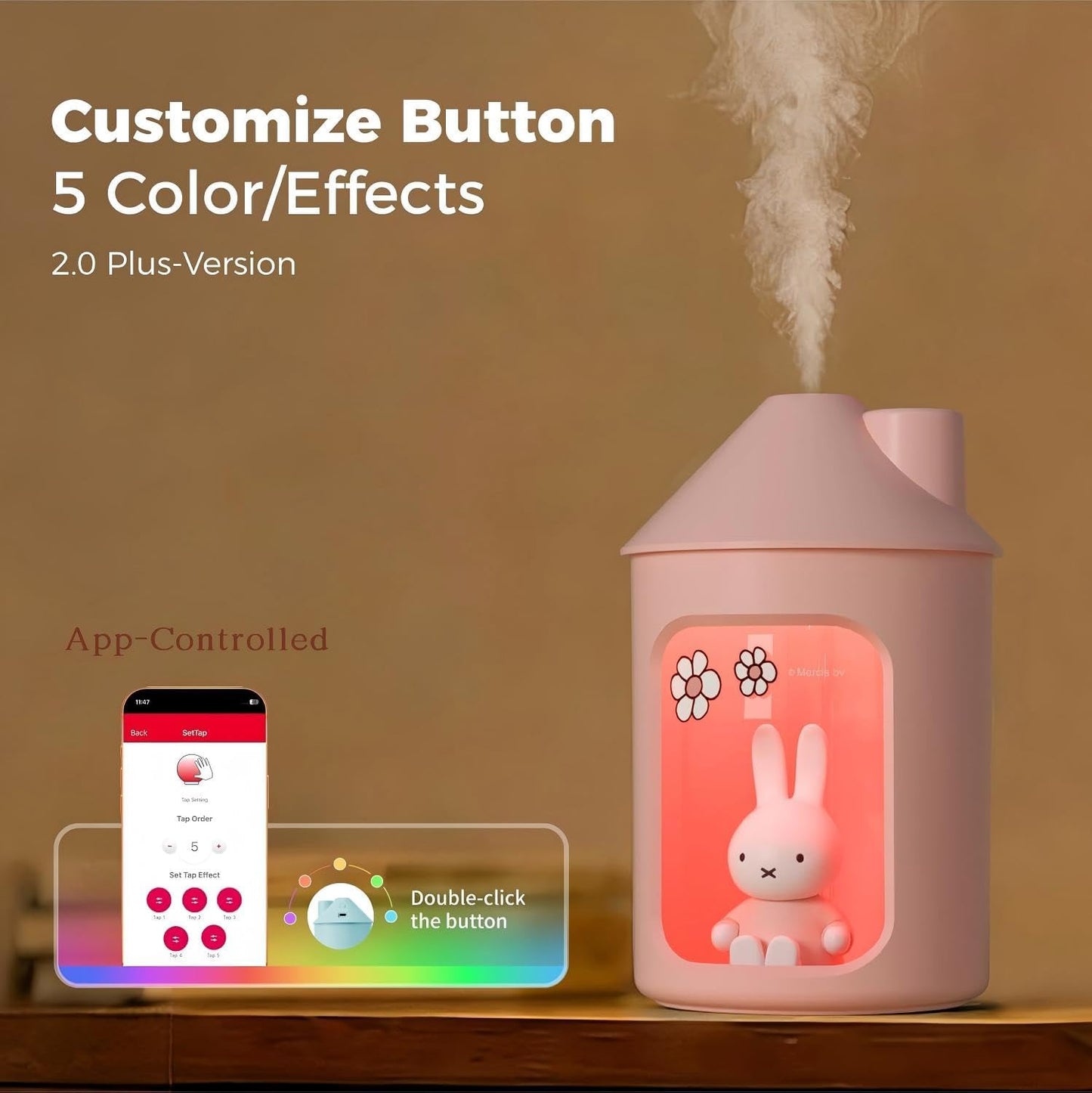 Mipow X Miffy 2.0 Humidifier, Smart App Control RGB LED Night Light, Dual Spray Ultrasonic Cool Mist Humidifier, 500ml Portable Quiet Humidifier for Bedroom Office Nursery,Pink Ideal Gift