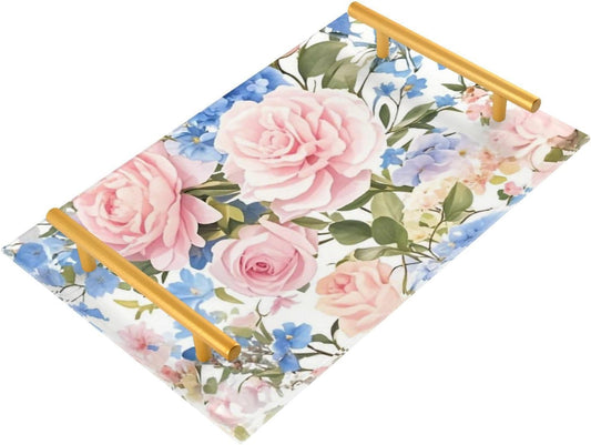 Pink Blue Vintage Rose Decorative Beverage Tray with Handles Coffee Table Trays for Jewelry Perfume for Modern Serving bandejas para servir con asas