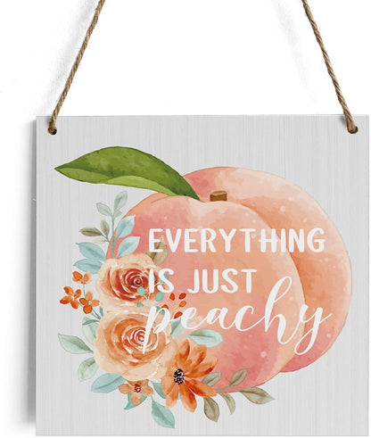HTBIG Peach Fruit Decor Wood Sign - Farmhouse Style, 7.1 x 7.1 Inches, Nature Theme, Wall Mount, Perfect for Home, Office, Kitchen, Outdoor Decor & Gifts