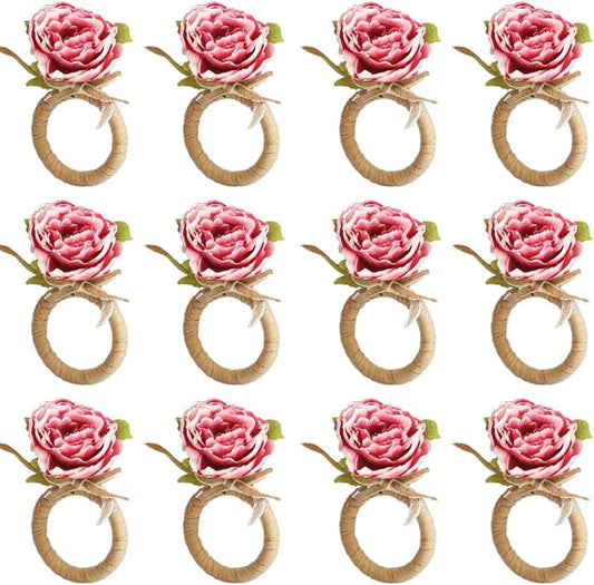 Flower Napkin Rings Set of 12, Rustic Pink Peony Flower Handmade Napkin Holder Rings Table Decorations for Weddings Christmas Party, Easter Table Decoration