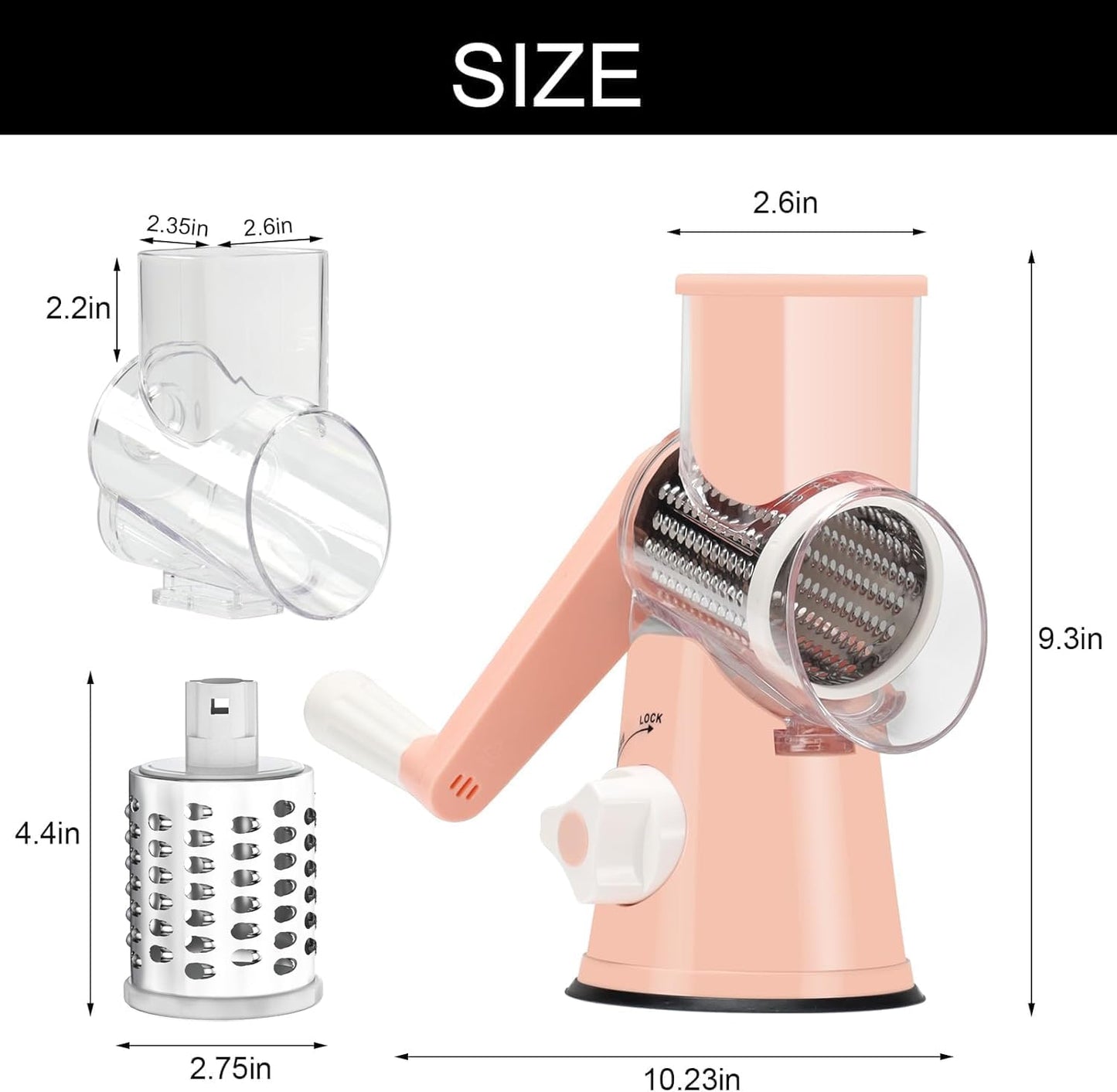 Cambom Rotary Cheese Grater Hand Crank Cheese Shredder for Fresh Cheese, Vegetable, Nuts,Non-slip Suction Base，Three Blades,Pink