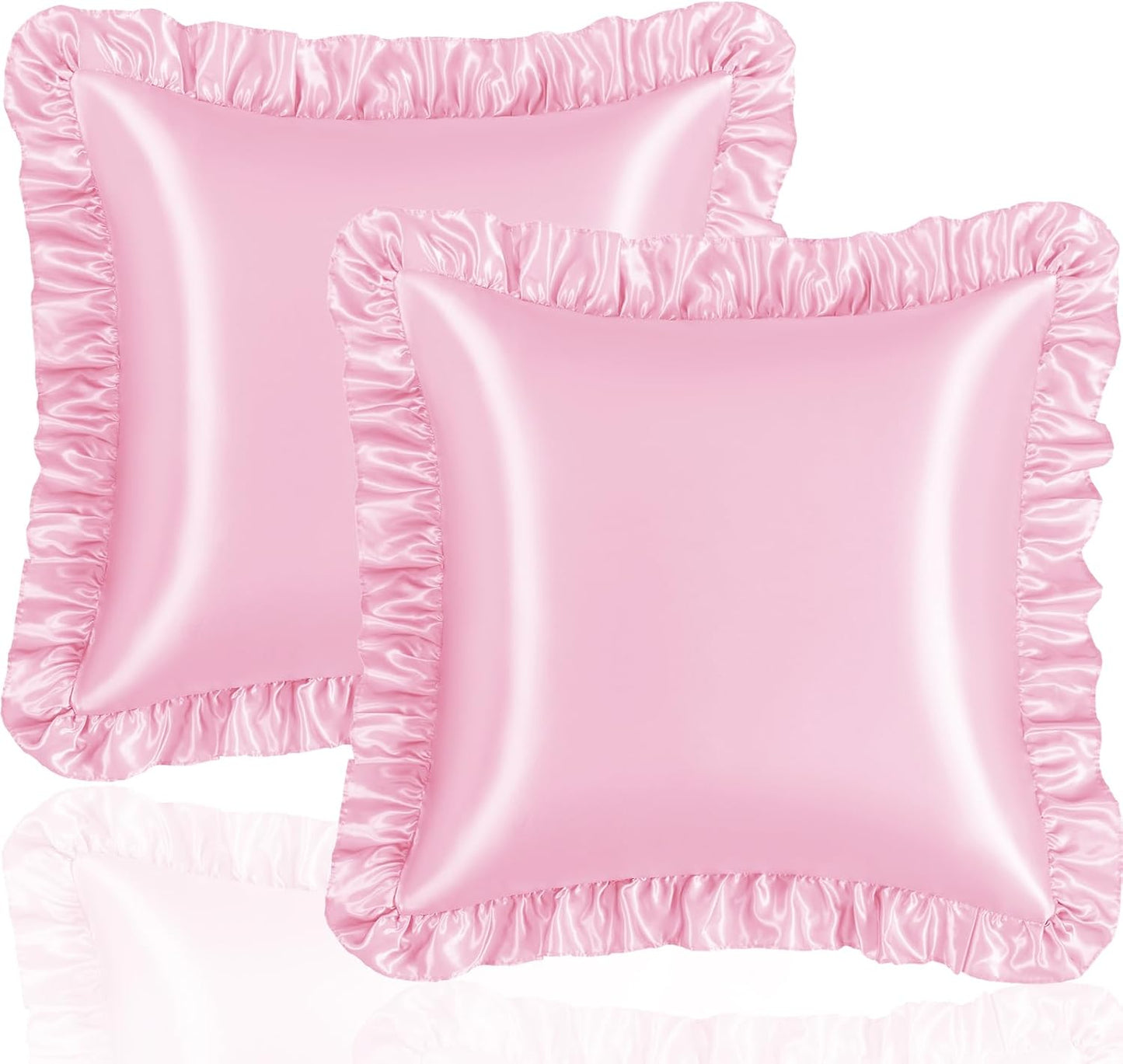 Pink Ruffle Pillow Shams Set of 2, 18 x 18 Inch Satin Ruffle Pillow Covers for Hair and Skin, Silky Pillowcase with Envelope Closure, Anti Wrinkle Ruffled Pillowcase for Sofa, Bed