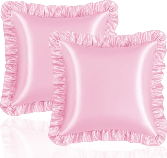 Pink Ruffle Pillow Shams Set of 2, 18 x 18 Inch Satin Ruffle Pillow Covers for Hair and Skin, Silky Pillowcase with Envelope Closure, Anti Wrinkle Ruffled Pillowcase for Sofa, Bed