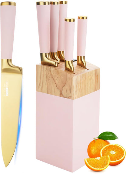 Gold Knife Set, 7 Pieces Titanium Coated Knife Block Set with Pink Wood Block, Ultra Sharp Stainless Steel Chef Knife Sets for Kitchen Built-in Sharpener, Kitchen Accessories and Decor (Pink)
