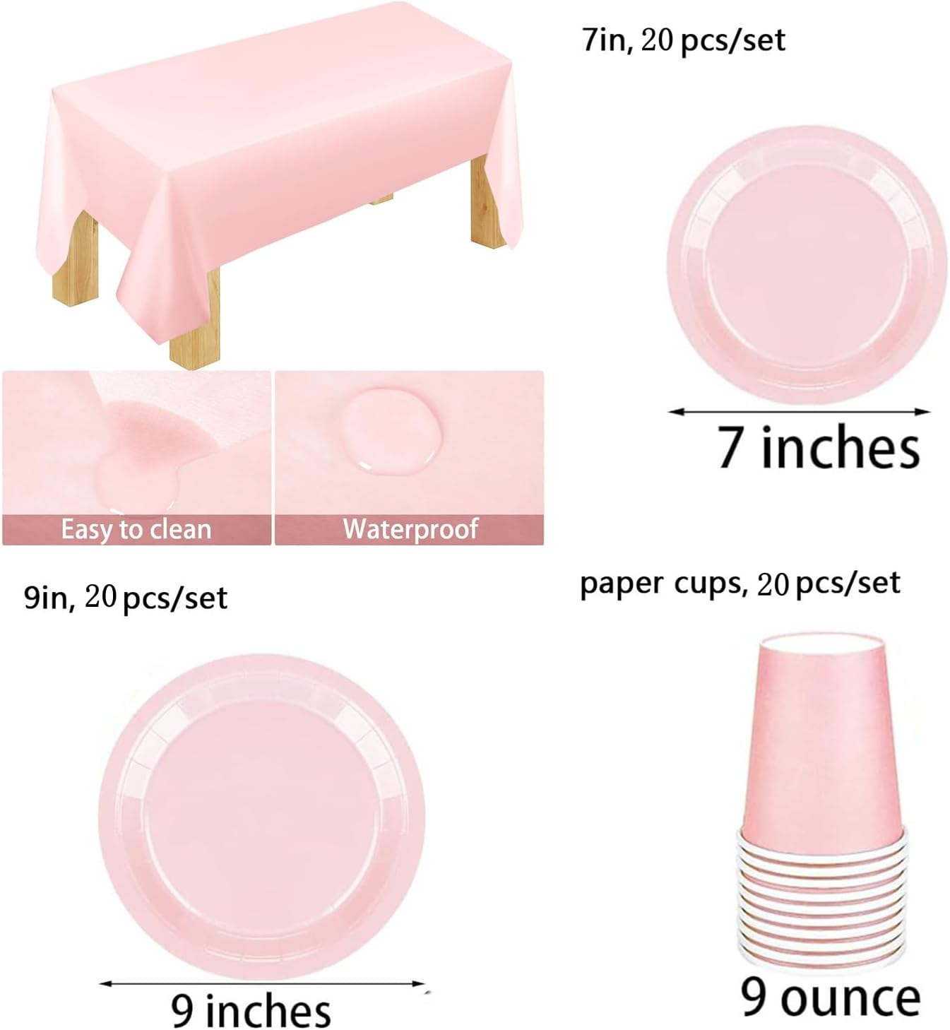Elegant Solid Light Pink Party Supplies Set - Complete 141 PCS Disposable Tableware Kit with Plates, Cups, Cutlery, Napkins & Tablecloth for 20 Guests - Birthday,Wedding,Bridal & Holiday Event