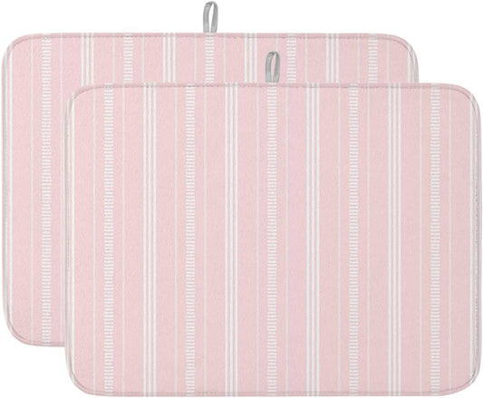 Pink Stripes Dish Drying Mat 2 Pack, Classic Minimalist Stripe Modern Geometric Absorbent Heat Insulating Kitchen Drying Pad Drainer Mats for Sink Counter Pot Dishes 18 X 24 Inch