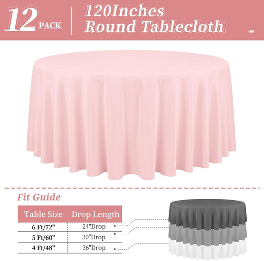 12 Pack Round Tablecloth 120 Inch - Pink Polyester Tablecloth for Round Table, Premium Pink Tableclothes Washable Fabric Table Cover for Wedding Party Banquet Restaurant Reception Dining